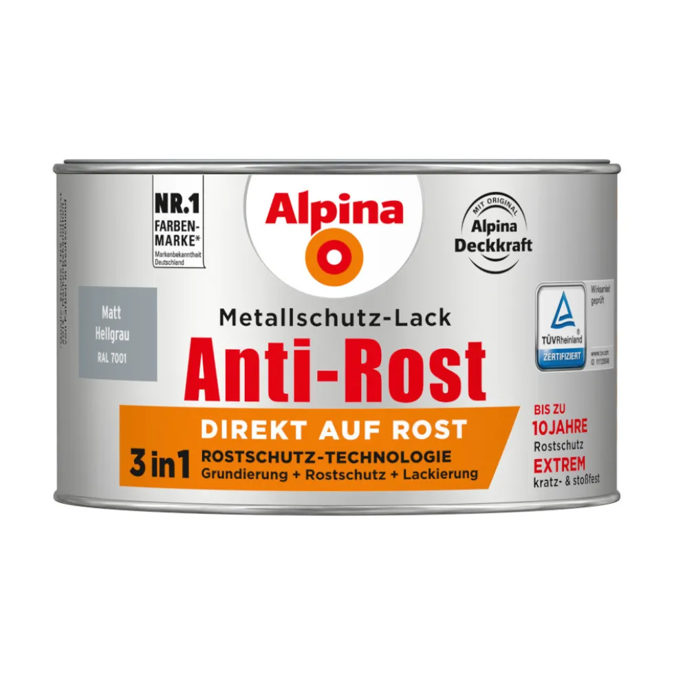 Alpina Metallschutz-Lack Hellgrau matt RAL 7001