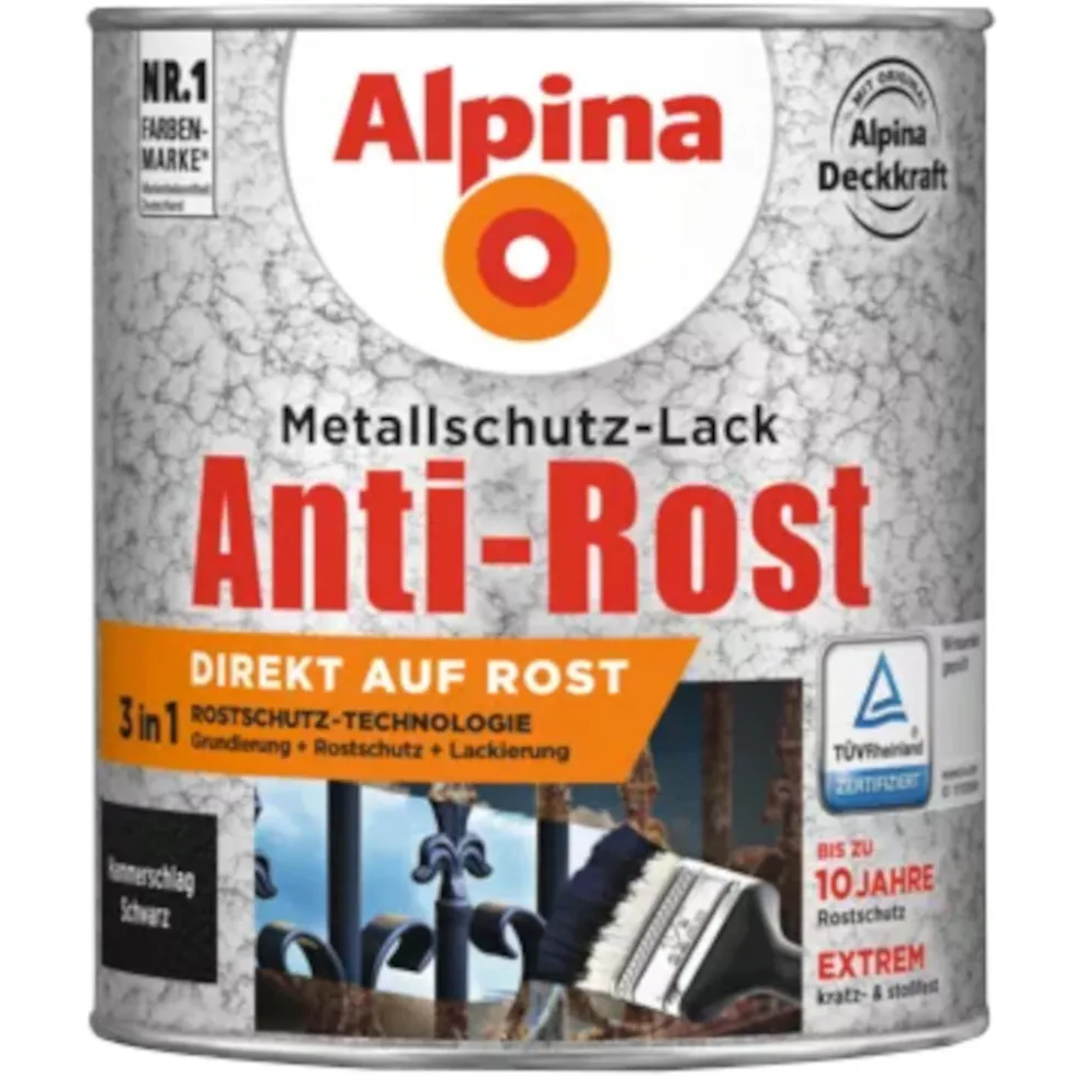 Alpina Metallschutz-Lack Schwarz 750 ml RAL 9005 Hammerschlag