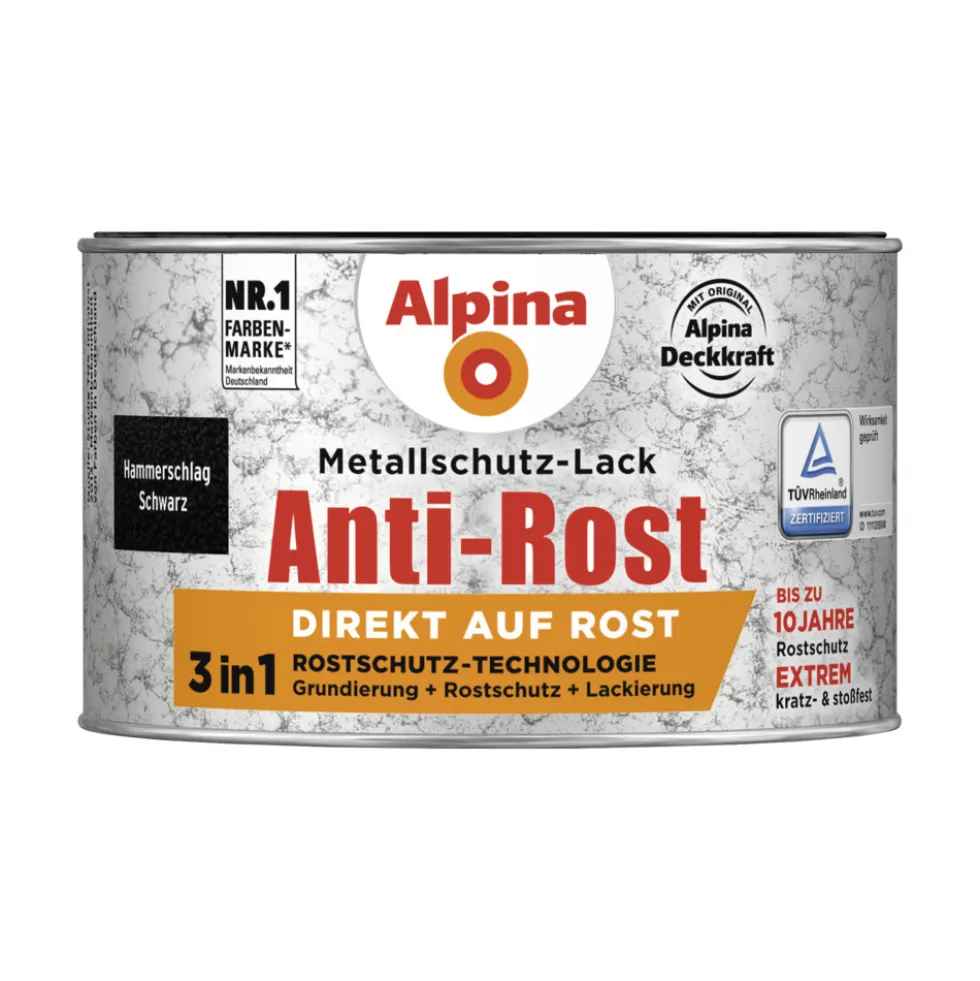 Alpina Metallschutz-Lack Schwarz 300 ml RAL 9005 Hammerschlag