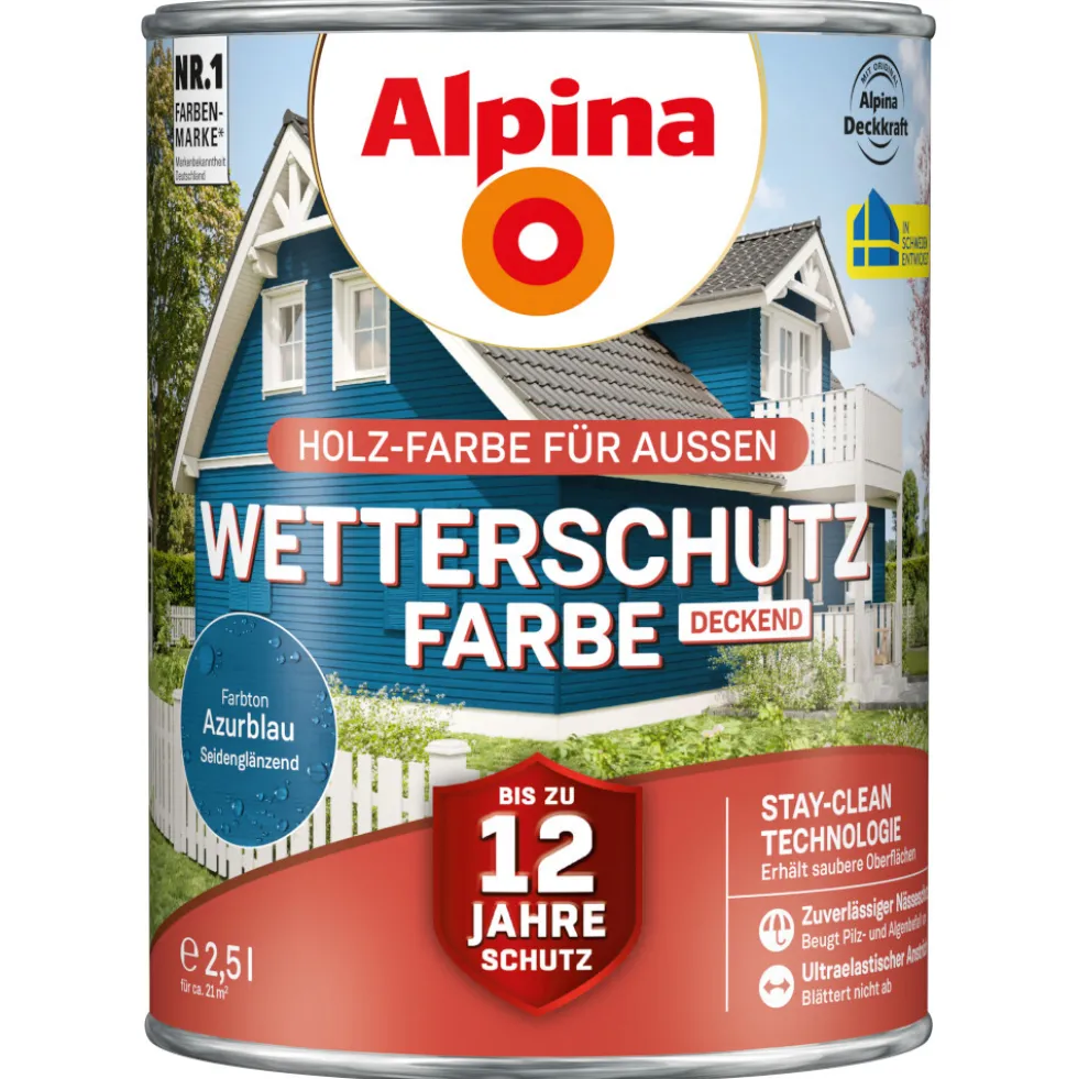 Alpina Wetterschutzfarbe Azurblau 2,5 Liter deckend