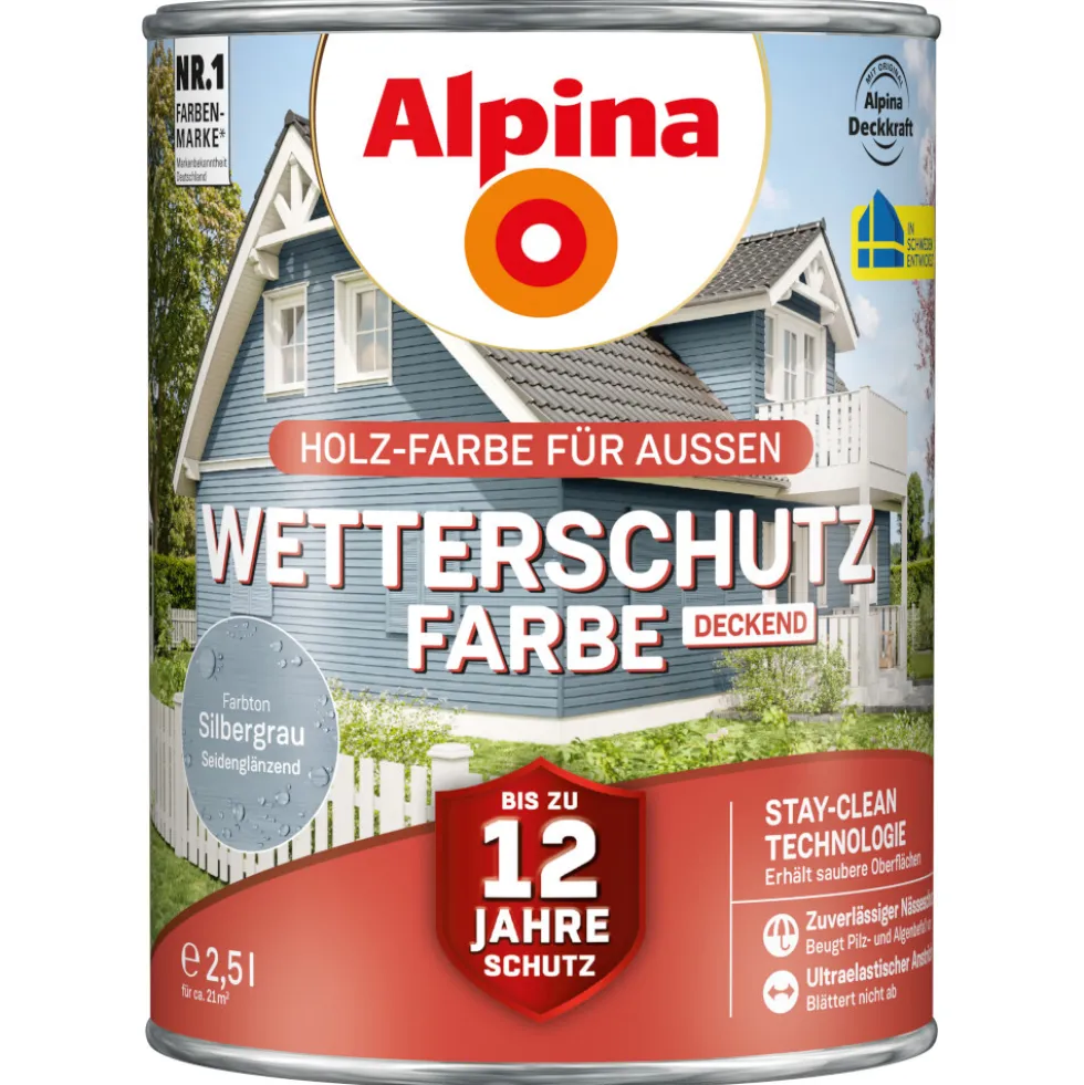 Alpina Wetterschutzfarbe Silbergrau deckend 2,5 Liter