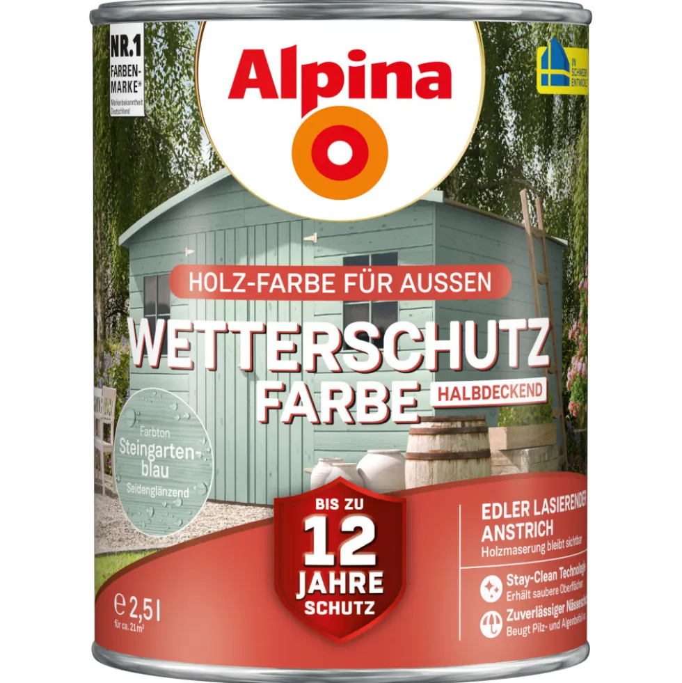 Alpina Wetterschutzfarbe Steingartenblau 2,5 Liter halbdeckend