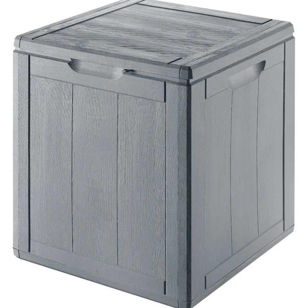 Aufbewahrungsbox 90 Liter aus grauem Kunststoff mit Holzoptik