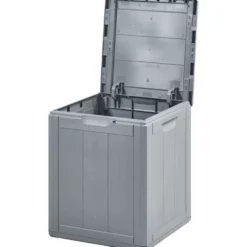 Aufbewahrungsbox 90 Liter aus grauem Kunststoff mit Holzoptik