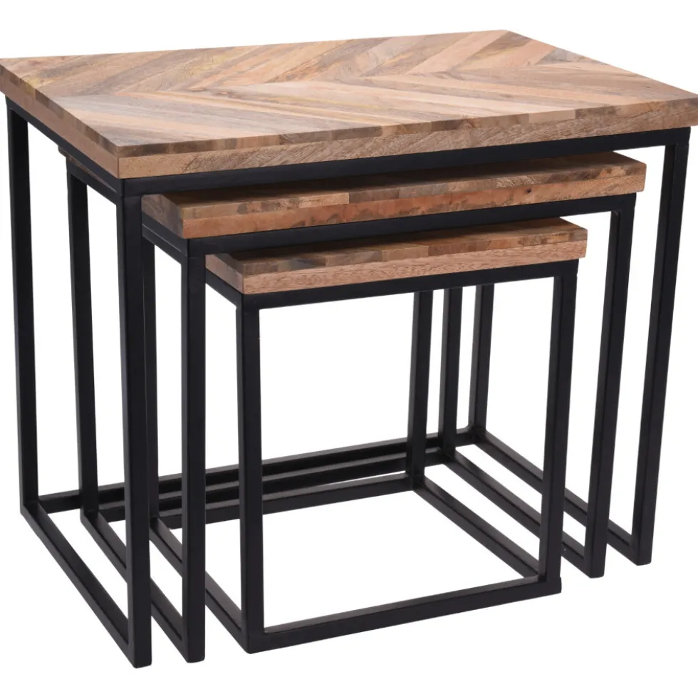 Beistelltisch-Set 3-teilig rechteckig mit Mangoholz-Tischplatte und Rahmen B-Ware