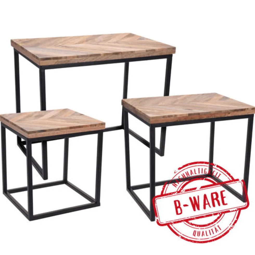 Beistelltisch-Set 3-teilig rechteckig mit Mangoholz-Tischplatte und Rahmen B-Ware
