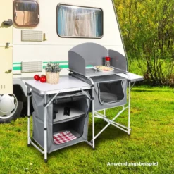 Campingtisch klappbar, mit Aluminiumgestell, Windschutz und MDF-Platte