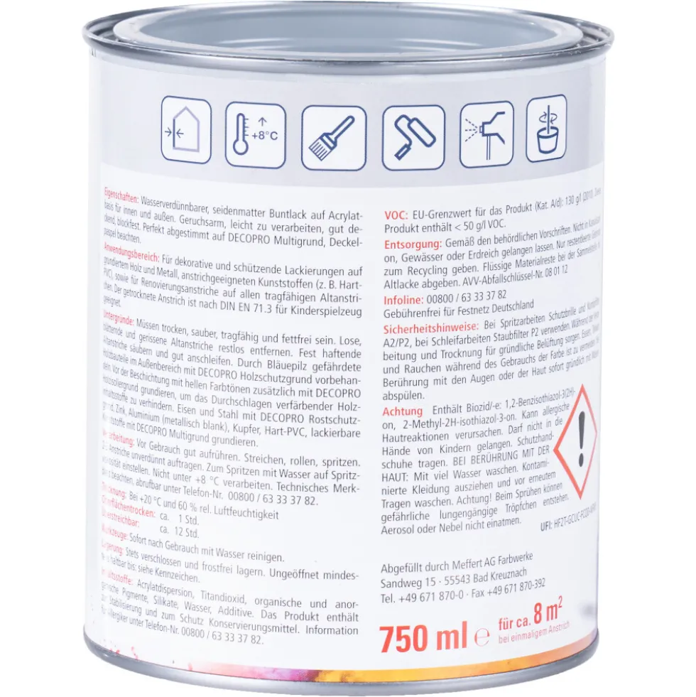 DECOPRO Acryl silbergrau Seidenmattlack 750 ml