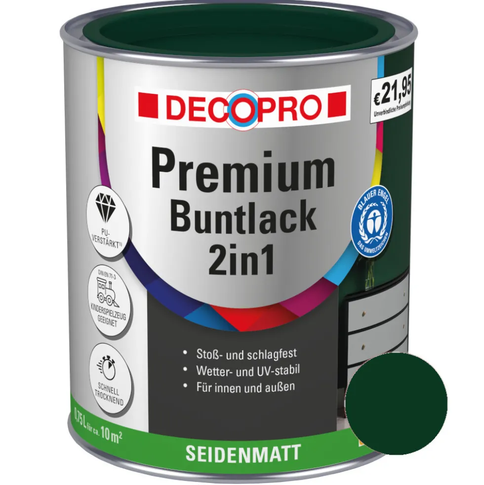 DECOPRO Premium 2in1 Buntlack 750 ml moosgrün, seidenmatt RAL 6005