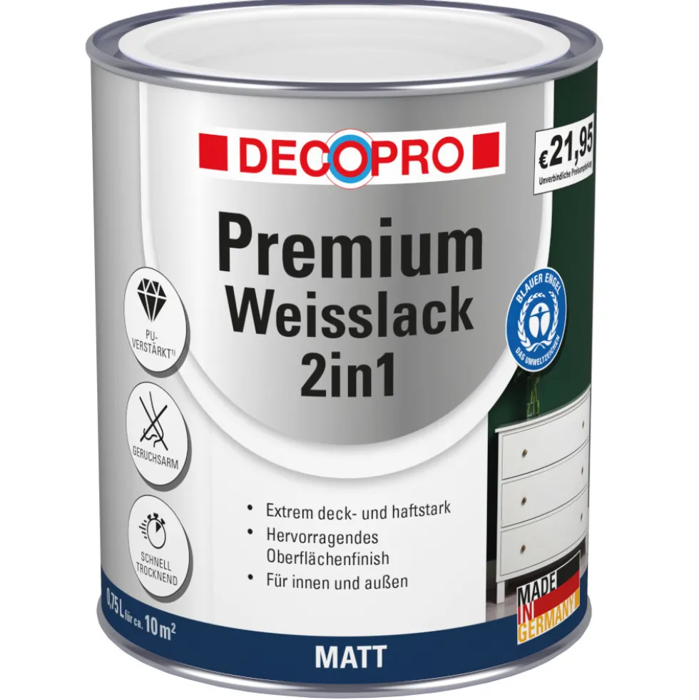 DECOPRO Premium 2in1 Weißlack 750 ml in Reinweiß, matt RAL 9010