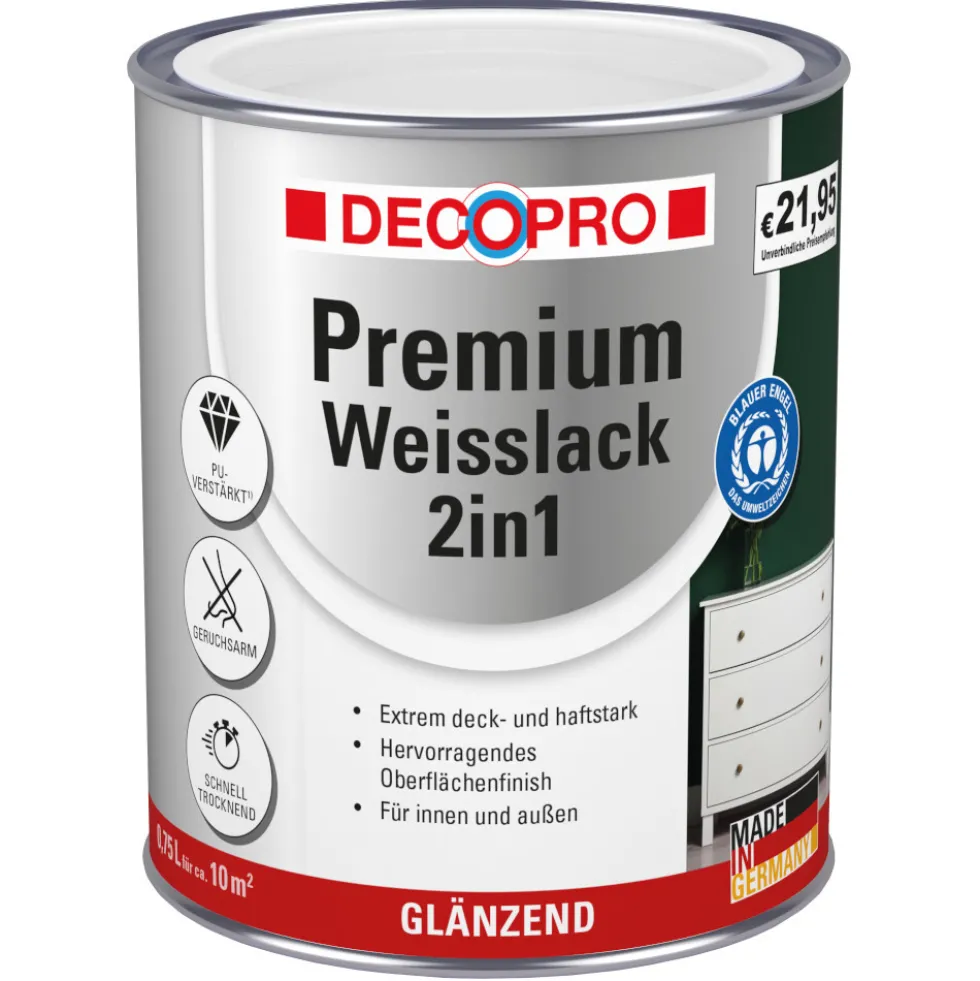 DECOPRO Premium 2in1 Weißlack 750 ml in Reinweiß, glänzend RAL 9010