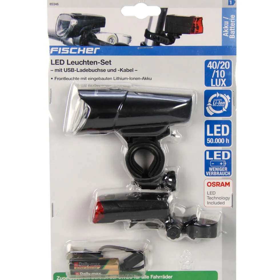 FISCHER Fahrrad LED Beleuchtungs Set 10 / 20 /40 Lux POWER CHARGE