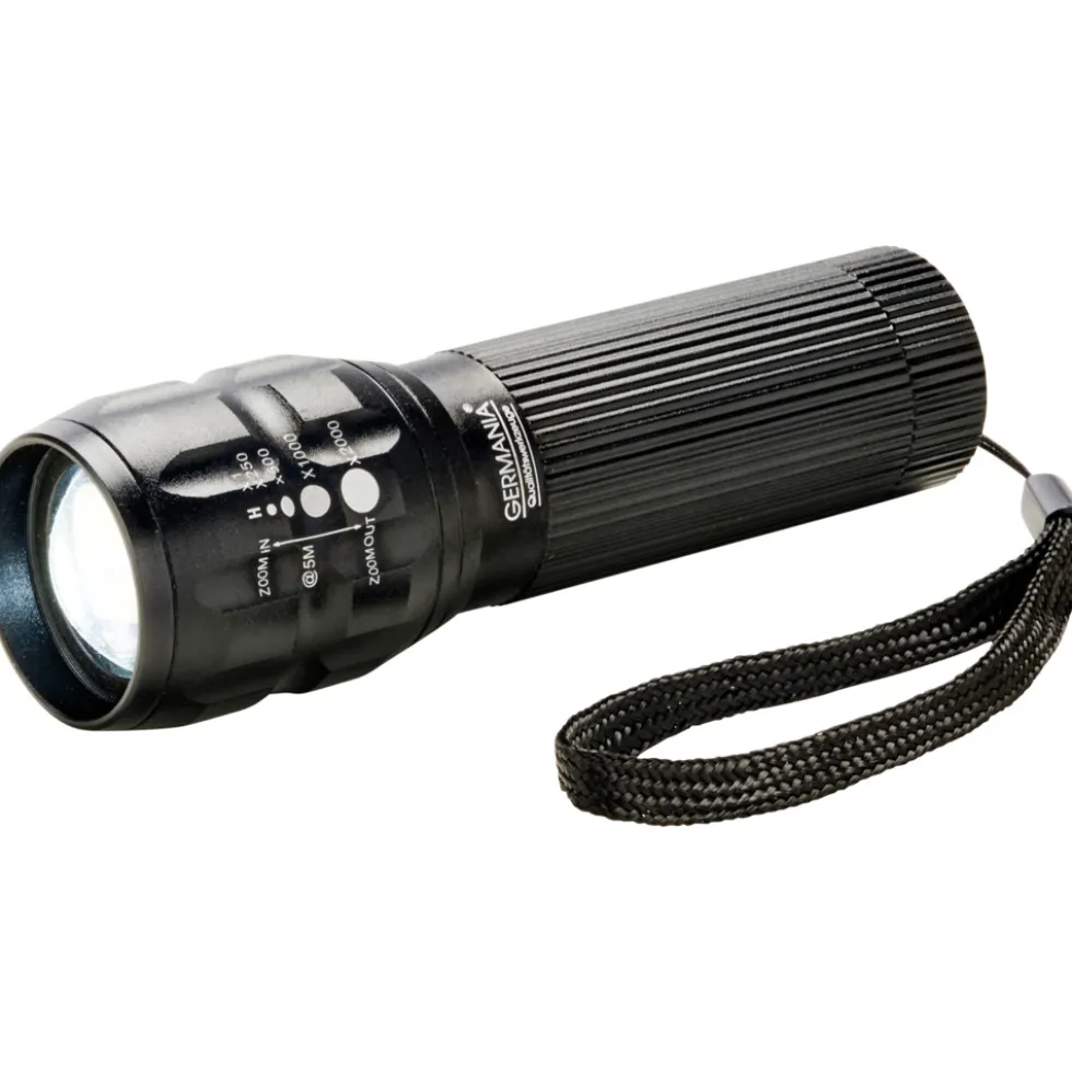 GERMANIA® LED Taschenlampe batteriebetrieben aus Metall mit Zoomfunktion