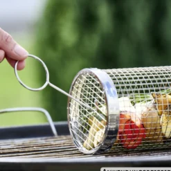 Grillkorb rollbar aus Edelstahl mit Haken 20 x 9 cm