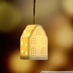 Hängedeko Haus Keramik, mit warmweißer LED