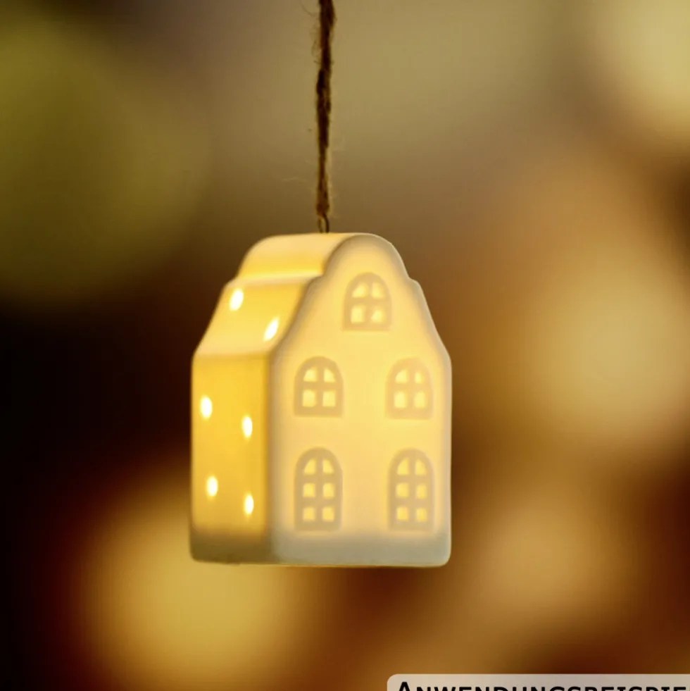 Hängedeko Haus Keramik, mit warmweißer LED