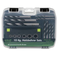 Holzbohrersatz 10-teilig, 2-10 mm, mit Bohrhilfe
