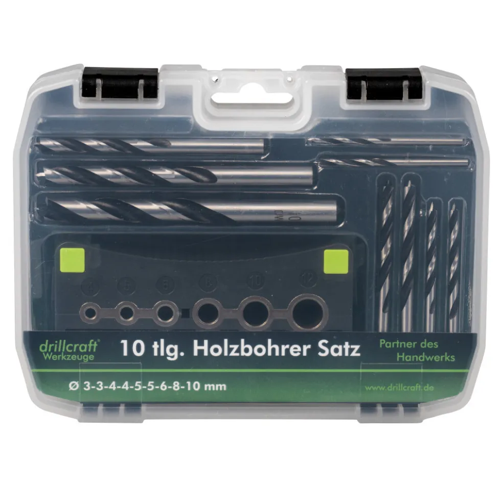 Holzbohrersatz 10-teilig, 2-10 mm, mit Bohrhilfe