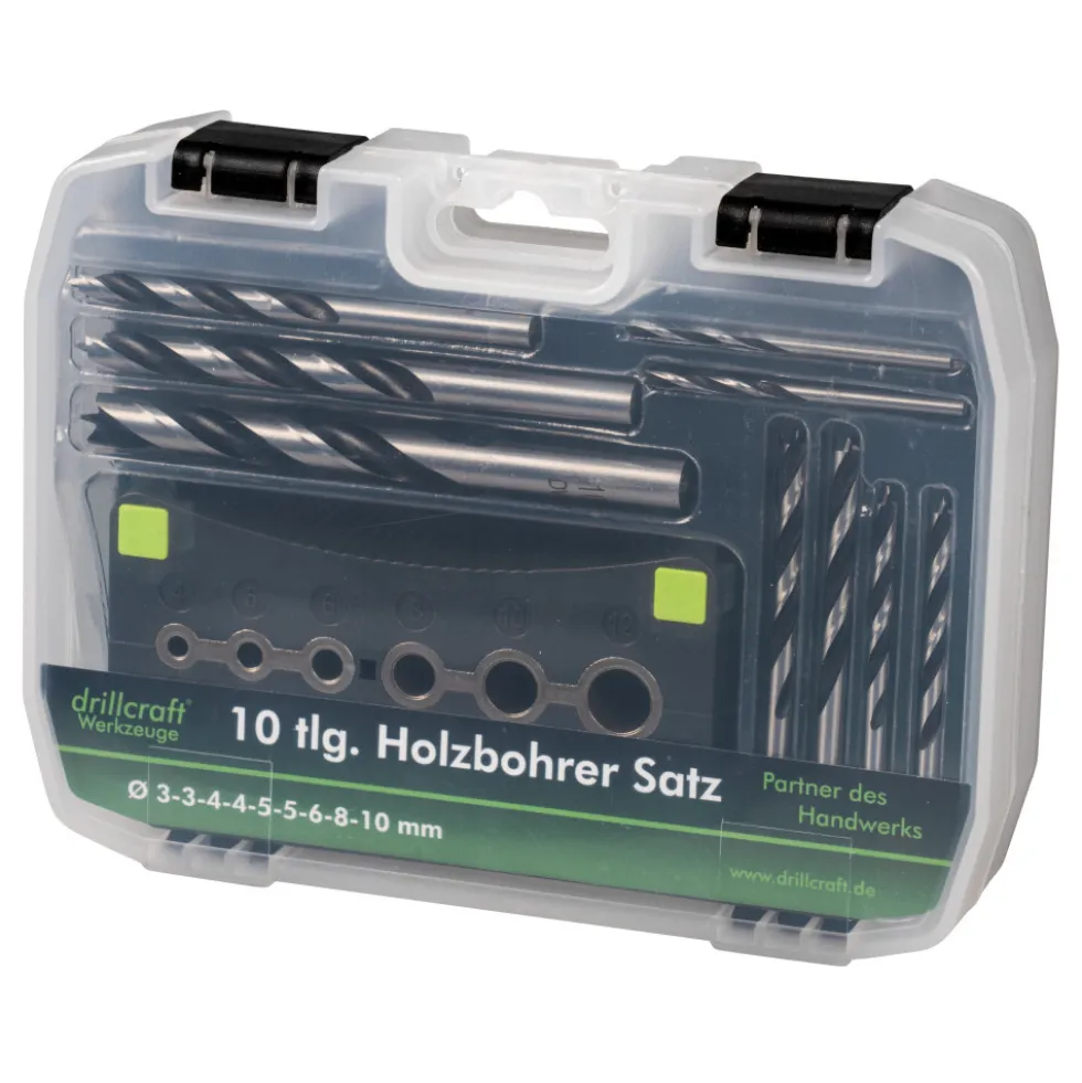 Holzbohrersatz 10-teilig, 2-10 mm, mit Bohrhilfe