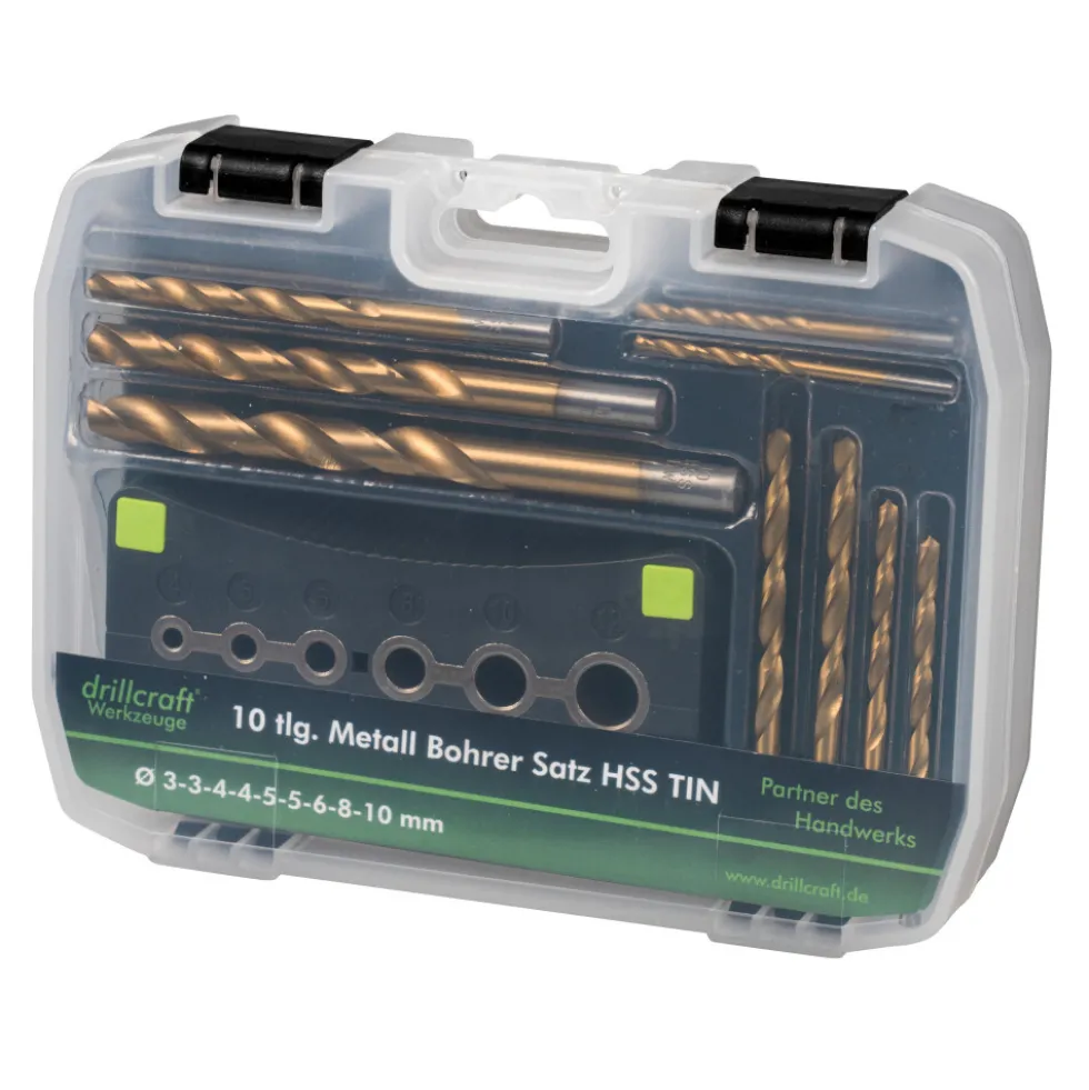 HSS TIN Bohrersatz 10-teilig, 2-10 mm, mit Bohrhilfe