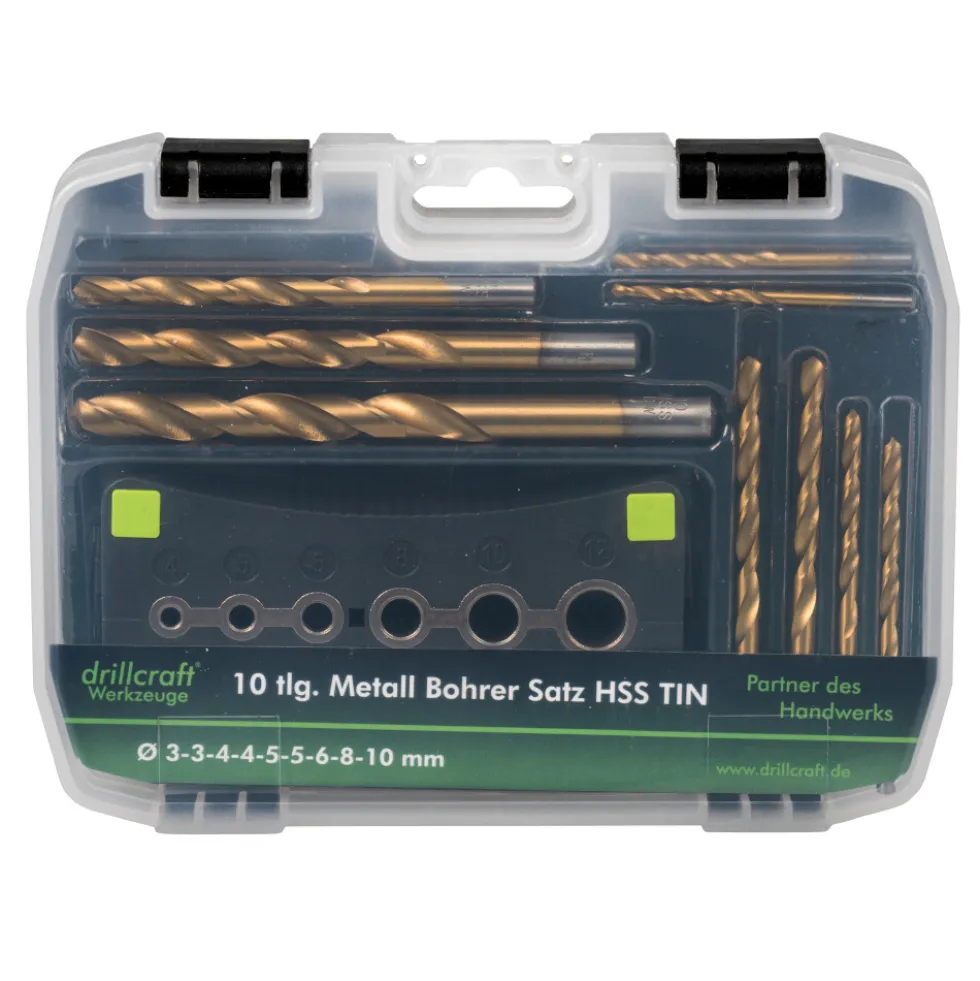 HSS TIN Bohrersatz 10-teilig, 2-10 mm, mit Bohrhilfe