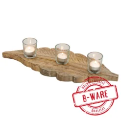 Kerzenhalter 44 cm aus Mangoholz mit Blattmotiv und drei Windlichtern B-Ware