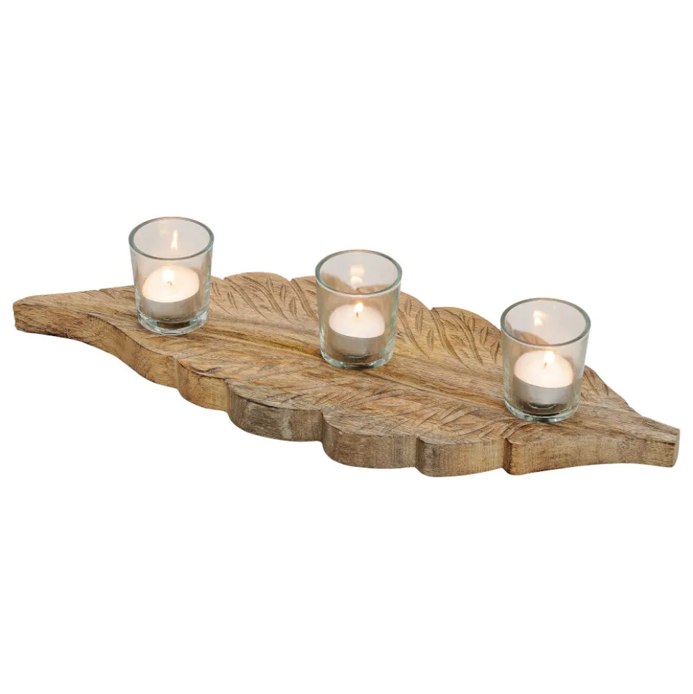 Kerzenhalter 44 cm aus Mangoholz mit Blattmotiv und drei Windlichtern B-Ware