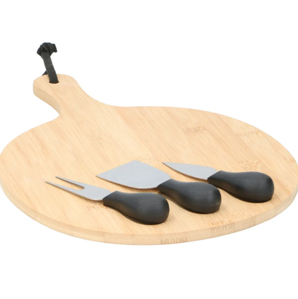 Käsebrett-Set 4-teilig aus Bambusholz mit Käsebesteck