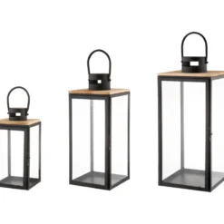 Laternen-Set 3 Stück aus Metall, Kiefernholz und Glas