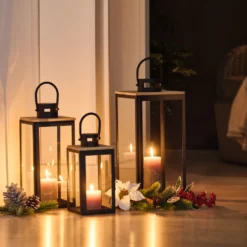 Laternen-Set 3 Stück aus Metall, Kiefernholz und Glas