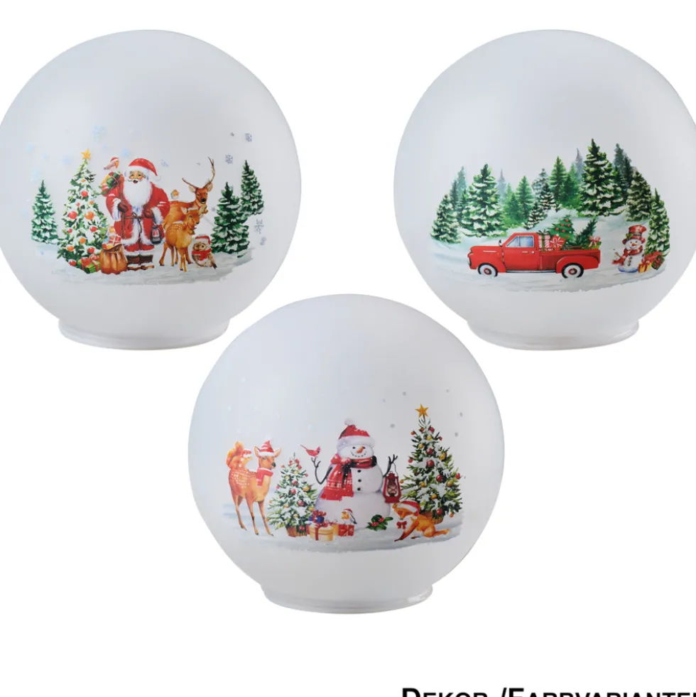 LED-Glaskugel mit Weihnachtsmotiv, 3-fach sortiert