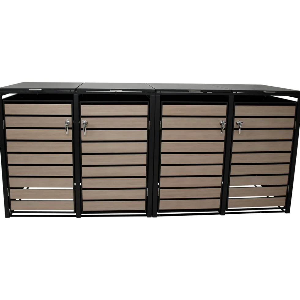 Mülltonnenbox 4x 240 Liter, Stahl verzinkt, Front in Holzoptik