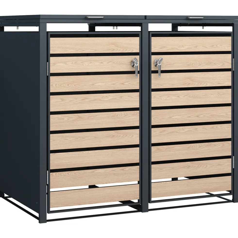 Mülltonnenbox 2x 240 Liter, Stahl verzinkt, Front in Holzoptik