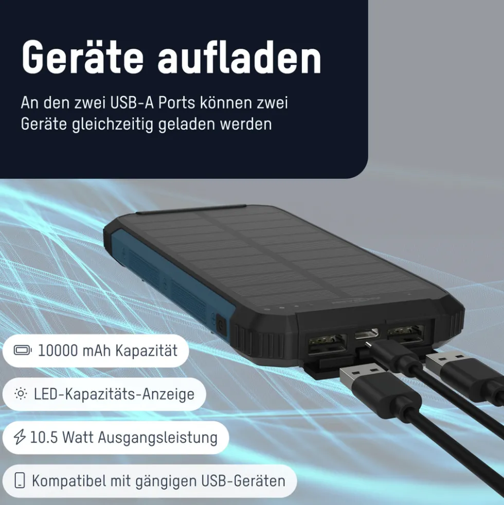 Outdoor-Powerbank mit 10000 mAh und Solarpanel