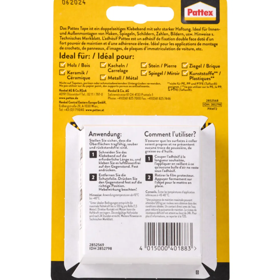 Pattex® Klebeband doppelseitig "Kleben statt Bohren" 1,5 m soforthaftend
