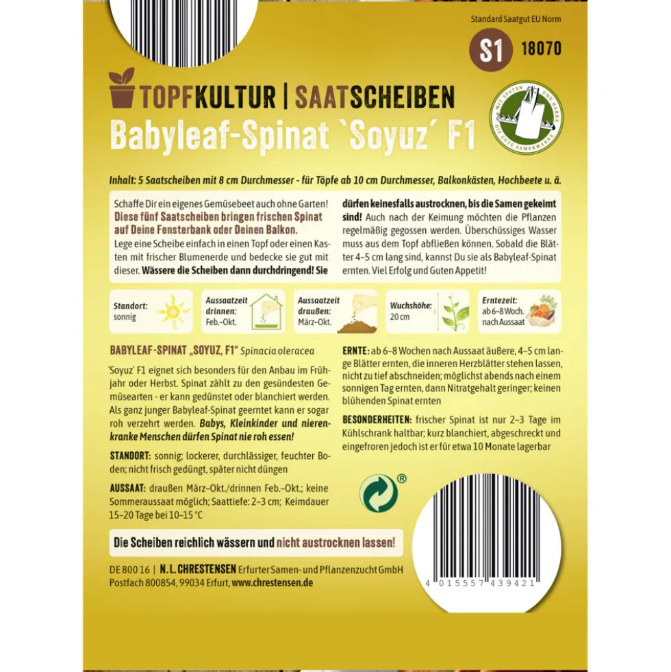 Saatscheiben Babyleaf-Spinat Soyuz F1 5 Scheiben