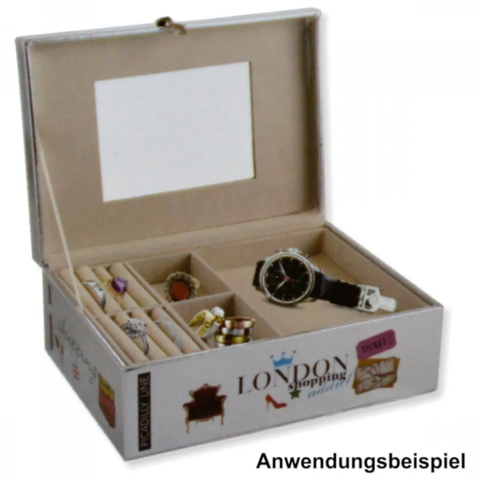 Schmuckkoffer aus Kunstleder, silber, Design "London Shopping" - B-Ware