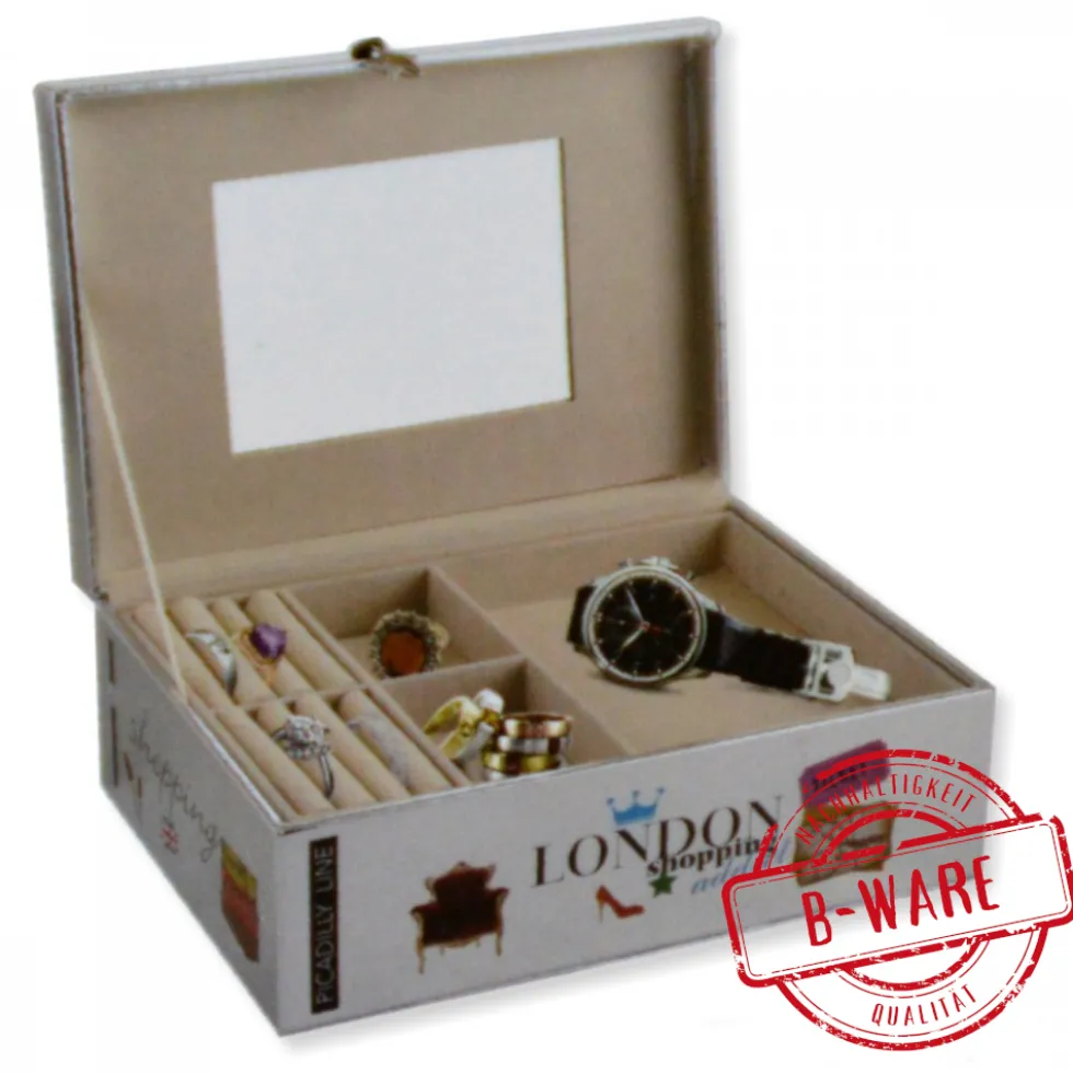 Schmuckkoffer aus Kunstleder, silber, Design "London Shopping" - B-Ware