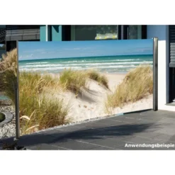 Seitenmarkise 3 x 1,6 m mit Auszug links und Fotodruck „Ostsee“ rechts
