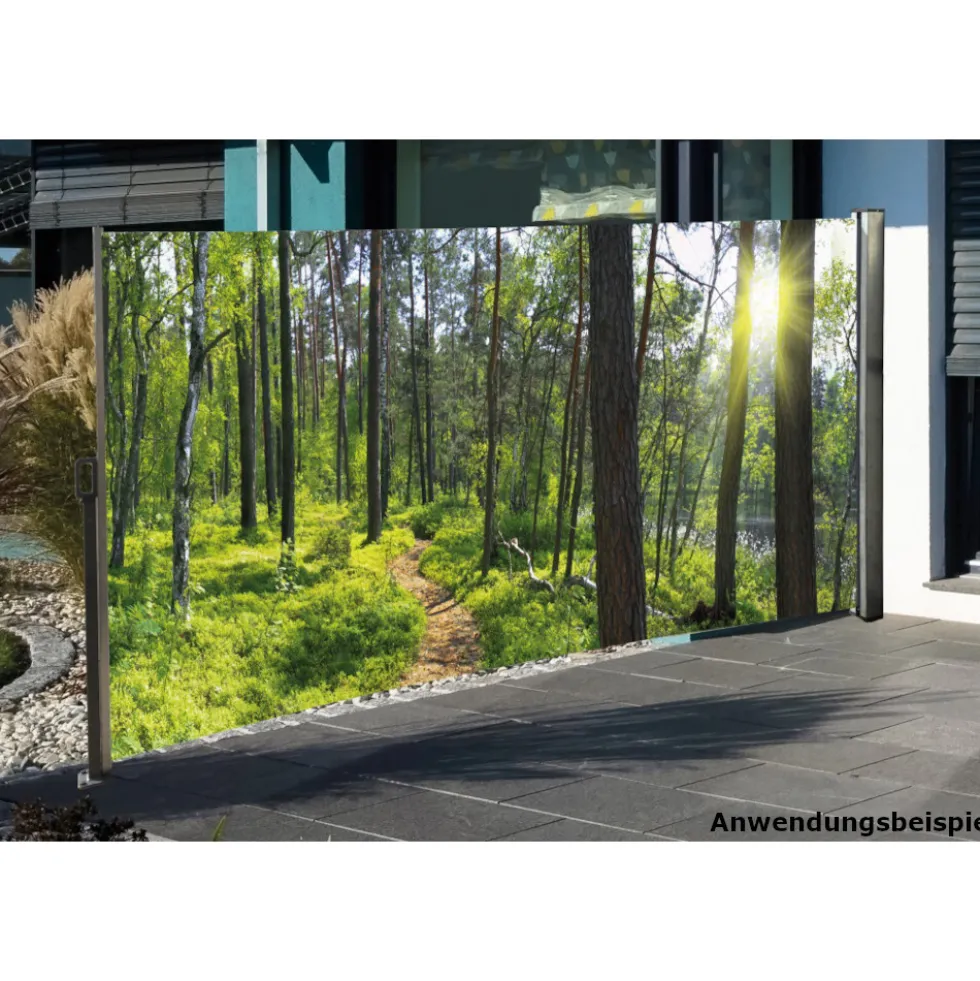 Seitenmarkise 3 x 1,6 m mit Auszug links und Fotodruck „Waldlichtung“ rechts