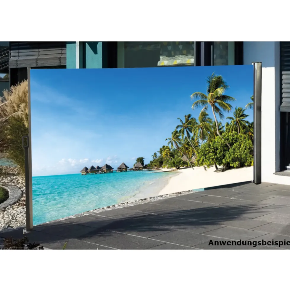 Seitenmarkise 3 x 1,6 m mit Auszug links und Fotodruck „Südsee“ rechts
