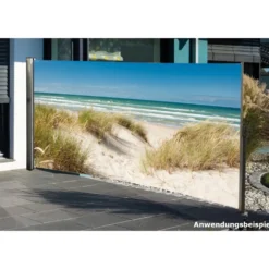 Seitenmarkise 3 x 1,6 m mit Auszug rechts und Fotodruck „Ostsee“ links