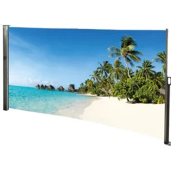 Seitenmarkise 3 x 1,6 m mit Auszug rechts und Fotodruck „Südsee“ links