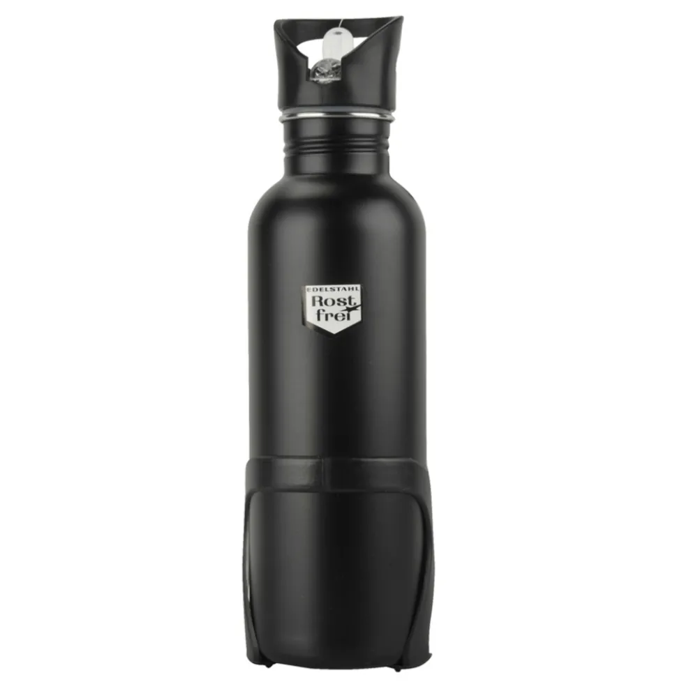 Trinkflasche 750 ml aus Edelstahl in Schwarz mit Halterung