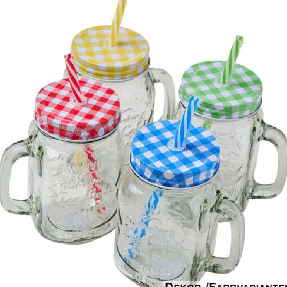 Trinkglas 450 ml mit Deckel und Henkel, 4-fach sortiert