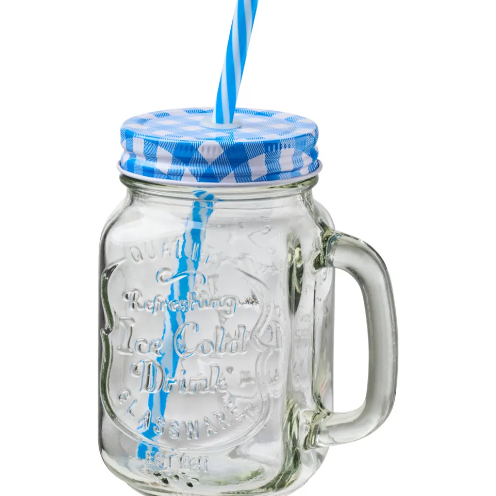 Trinkglas 450 ml mit Deckel und Henkel, 4-fach sortiert
