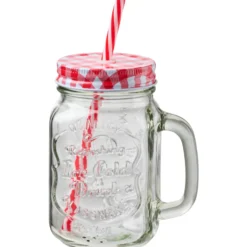 Trinkglas 450 ml mit Deckel und Henkel, 4-fach sortiert