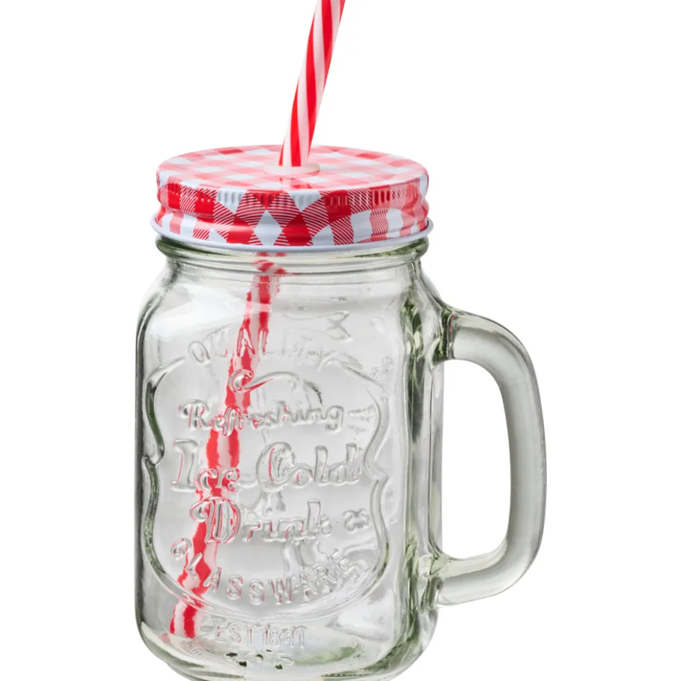 Trinkglas 450 ml mit Deckel und Henkel, 4-fach sortiert