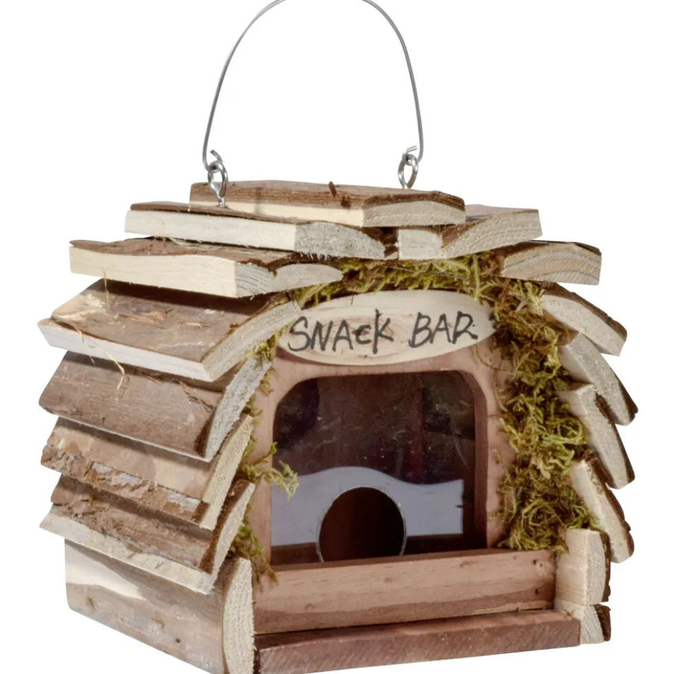 Vogelfutterspender mit Silo, zum aufhängen, aus Holz