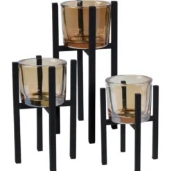 Windlicht-Set 3-teilig auf schwarzem Metallständer mit Glaseinsatz